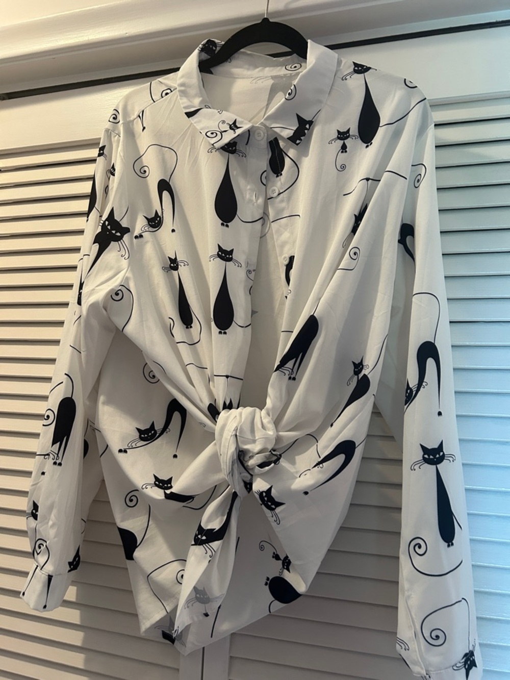 White Cat-Print Button-Up Shirt